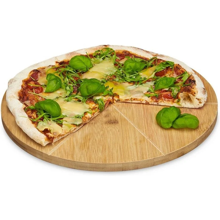 Relaxdays Pizzateller Bambus 33 cm Durchmesser, Schneidbrett aus Holz, schnittfestes Pizzabrett mit 6-facher Einteilung für gleichmäßig große Stücke, Holzteller für Pizza, natur, 33 x 33 x 1.5 cm – Bild 5