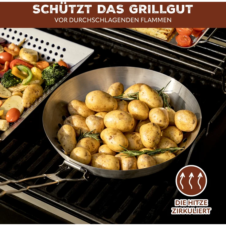 Grillpfanne rund // mit Klapp-Griff // Edelstahl ca. Ø 28 x 6,5 x 52 cm // Grillkorb Grillwok – Bild 4