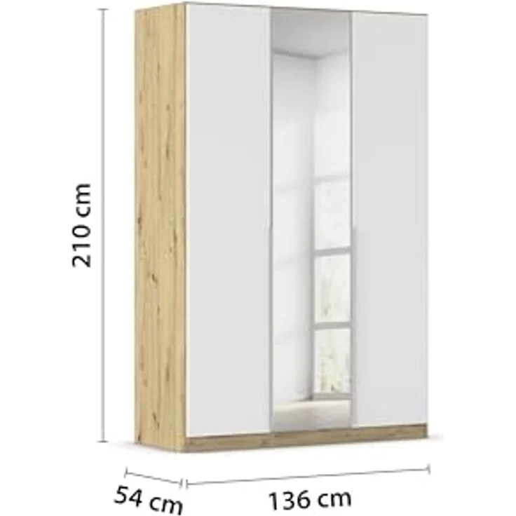 Rauch Möbel Alabama, Kleiderschrank für Schlafzimmer, Kinderzimmer, Wohnzimmer, Garderobe, Flur, 3-türig, Spiegel, mit Zubehör Premium, Farbe Weiß/Eiche Artisan, Holz, Breite 136 cm – Bild 3