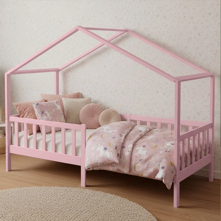 Bellabino 'Bia' Hausbett 90x200 cm, rosa, Kiefer Massivholz, Montessori Kinderbett mit Rausfallschutz und Lattenrost – Bild 1