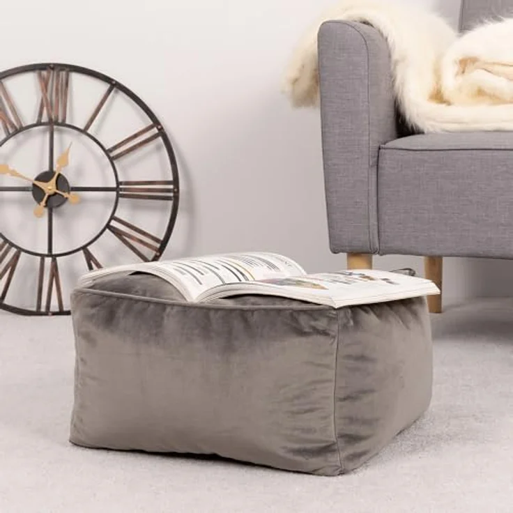 Icon Amara Hocker, Dunkelgrau, Flauschiger Samt Stoff, Samt Sitzsack, Sitzpuff Hocker mit Füllung, Fußhocker für das Wohnzimmer, Deko Wohnzimmer – Bild 5