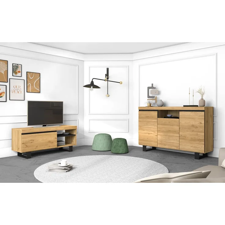Skraut Home - Natürliches Esszimmer-Set, Beistellmöbel, Sideboard, TV-Möbel, 120 cm, Eiche schwarz Nordic