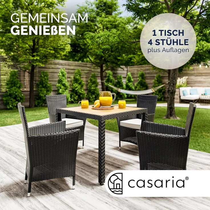 Casaria Garten-Essgruppe, (5-tlg), Polyrattan 4 Personen Auflagen Stühle Stapelbar Akazie Holz Wetterfest – Bild 2