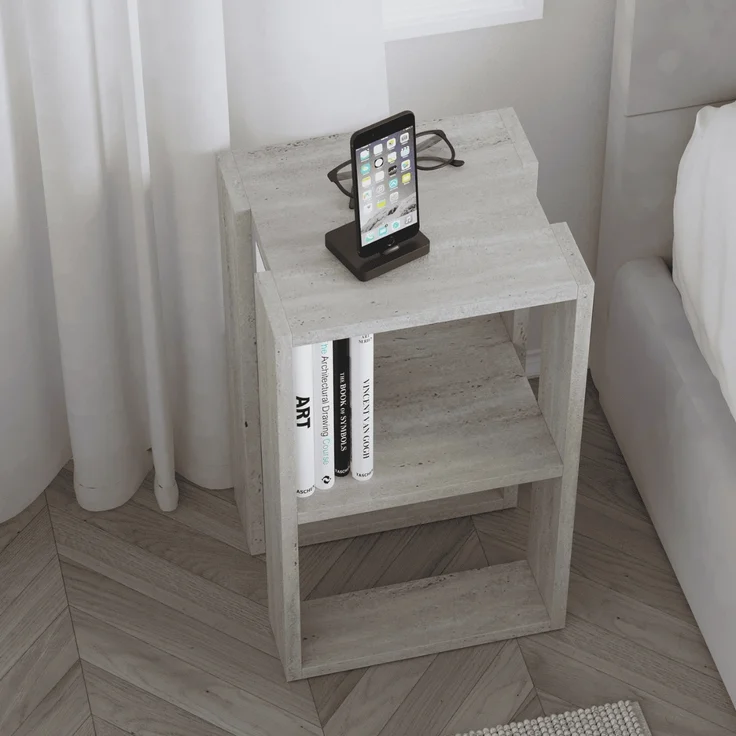 Calicosy Nachttisch mit 2 Regalböden, Travertin-Dekor H55 cm - LONIE - Beige – Bild 7