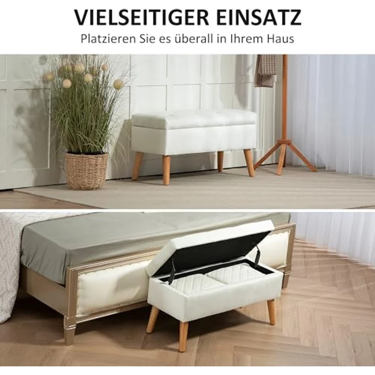 HOMCOM Sitzbank mit Stauraum, Deckel, Samtoptik (Truhenbank, 1-St, Polsterbank), für Flur Schlafzimmer Wohnzimmer, Gummiholz 102 x 35 x 43 cm Weiß – Bild 8