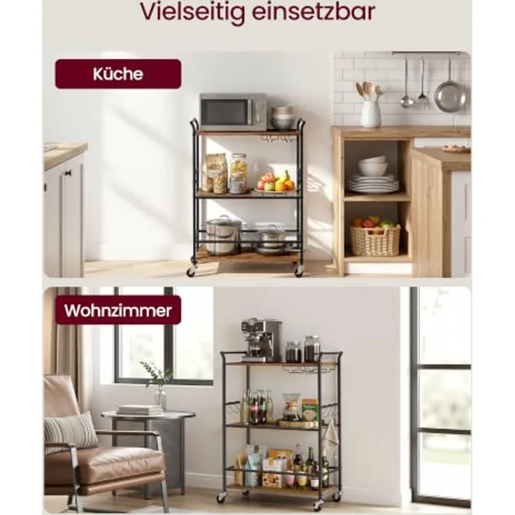 VASAGLE Servierwagen, Küchenwagen, abnehmbares Tablett, mit verstellbaren Füßen und Rollen, Küchenregal, Stahlrahmen, 64,5 x 32 x 85,5 cm, Industrie-Design, vintagebraun-schwarz LRC200K101 – Bild 5