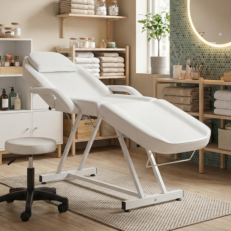 HOME NATURE WOHNKONZEPT Kosmetikliege mit Rollhocker, klappbare 3-Zonen Massageliege für Beauty, Spa, Tattoo & Salon, 182 x 81 x 74 cm, Weiß – Bild 6
