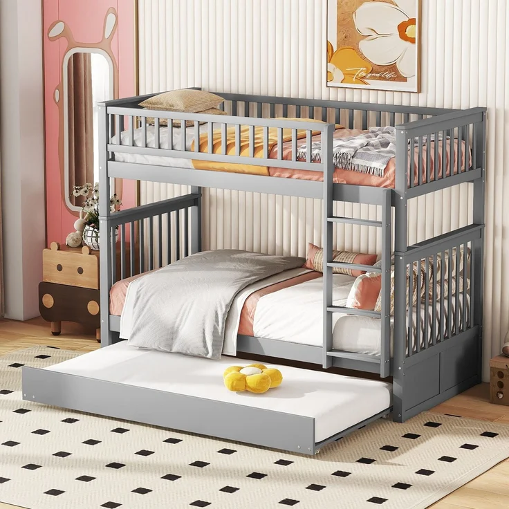 Etagenbett mit 2 Liegeflächen, Ausziehbett, Lattenrost, Leiter und Rausfallschutz, 90x200 cm, Kinderbett umbaufähig zu 2 Einzelbetten, Kiefer – Bild 4