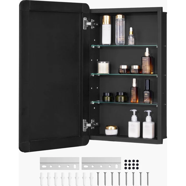 VEVOR Spiegelschrank verspiegelter Arzneischrank Medizinschrank (420 x 125 x 700 mm) für Badezimmer mit Einzelspiegel & verstellbaren Glasböden, Einbau- und Wandmontage, Aluminiumrahmen, Badschrank