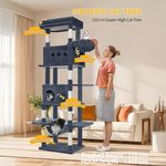 Kratzbaum groß, 210 cm hoch, Katzenbaum, mit 8 Kratzbäume, 2 Höhlen, groß Plattformen, Waschbare Matte, Hängematte, Plüschbälle, mehrstöckiger katzenkratzbaum, Dunkelgrau