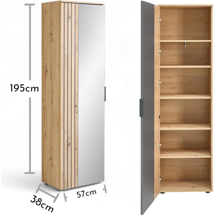 HBZ Garderobenschrank Volano in Eiche Artisan Dekor, BxHxT 57x195x38cm (1-St) Mit 1 Kleiderstange ausziehbar, 4 Einlegeböden – Bild 3