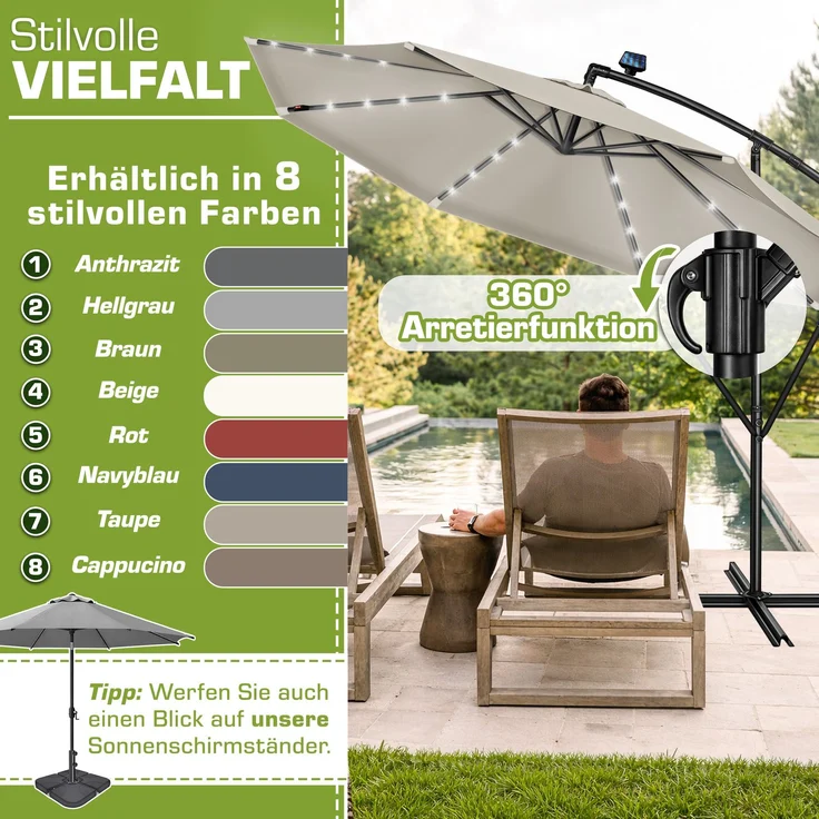 tillvex Alu Ampelschirm Taupe LED Solar Ø 300 cm mit Kurbel | Sonnenschirm mit An-/Ausschalter | Gartenschirm UV-Schutz Aluminium | Kurbelschirm mit Ständer Marktschirm wasserdicht – Bild 5