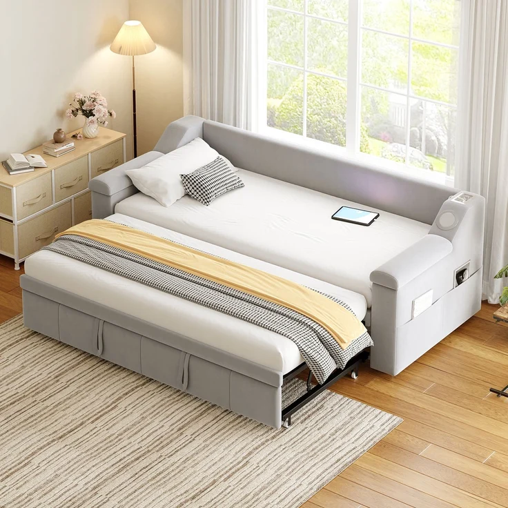 Ausziehbett 90/180×190 cm aus Samt mit Bluetooth-Sound und USB – multifunktionales Schlafsofa mit Stauraum – Bild 4