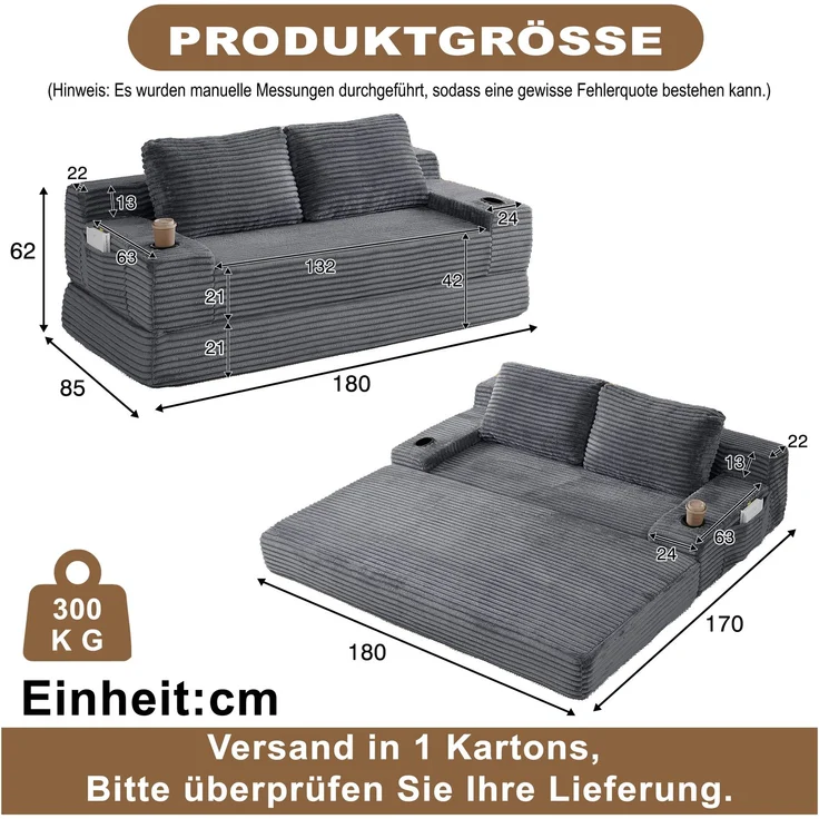 ZUBALIYA Sofa mit LED - Beleuchtung, mit Stauraum, mit Cordbezug, mit breiten Armlehnen, ohne aufwendige Montage – Bild 2