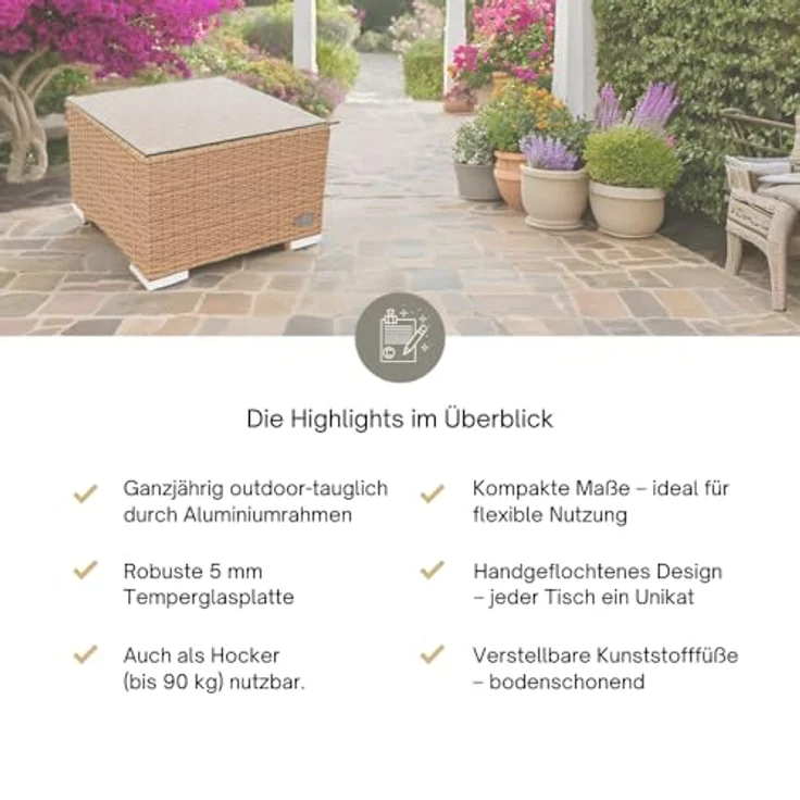 RS Trade 'Toscana' Beistelltisch mit verstärktem Alu-Gerüst, Polyrattan, Natur, 50 x 50 x 32 cm – Bild 9
