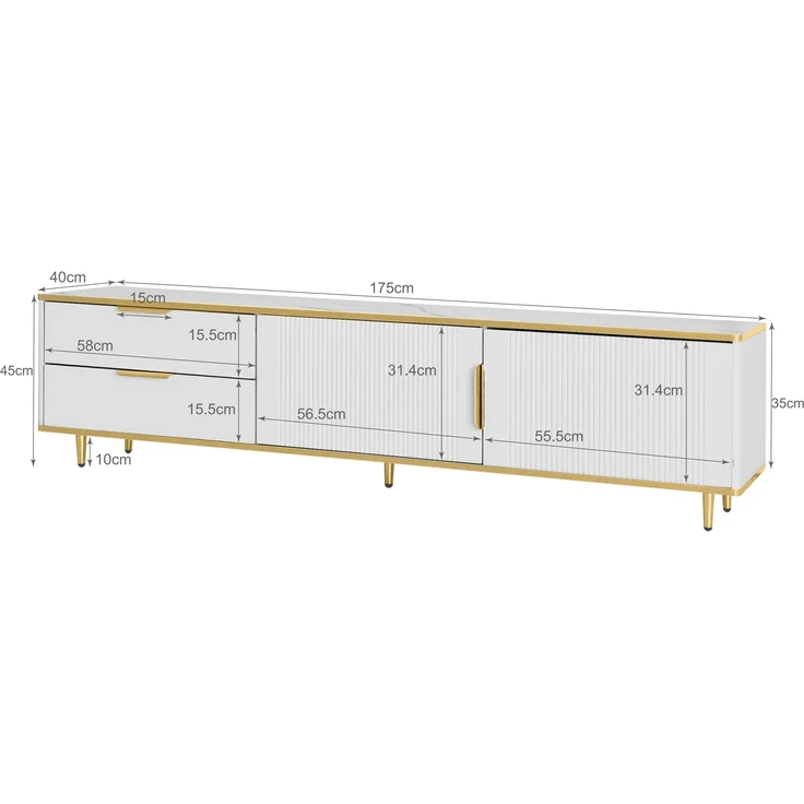 TV-Lowboard, Spanplatte mit Stauraum & goldfarbenen Griffen/Füßen, 175x40x45 cm, Weiß/Gold – Bild 10