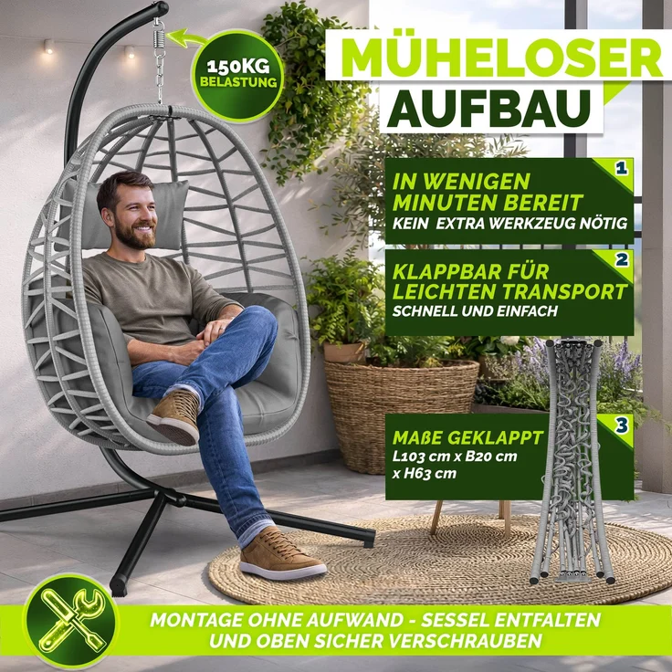 tillvex® Hängesessel mit Gestell Outdoor & wetterfester Abdeckung inkl. Befestigung | Hängekorb klappbar bis 150 kg | Hängesitz aus Rattan | Hängestuhl für Indoor Garten Balkon Terrasse – Bild 9