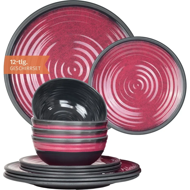 Moritz Camping Tafelgeschirr aus Melamin für 4 Personen 12-teilig | spülmaschinenfest | Picknick Geschirrset | Geschirr Campinggeschirr I Stone Red Design – Bild 1