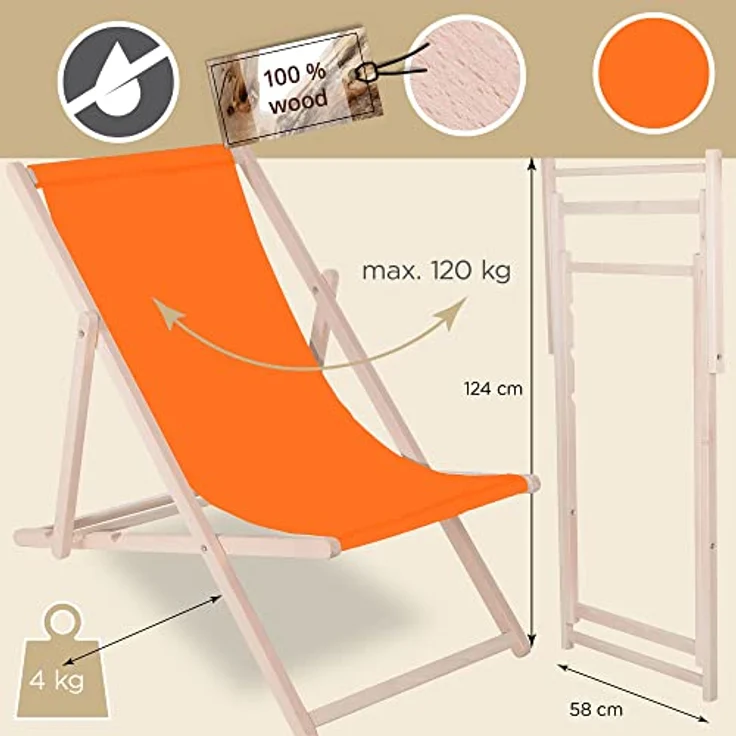 Selgros111 Klappbarer Holzliegestuhl DC0010, orange, 3-stufig verstellbar, stabiler Buchenholzrahmen, OEKO-TEX® Bezug – Bild 2