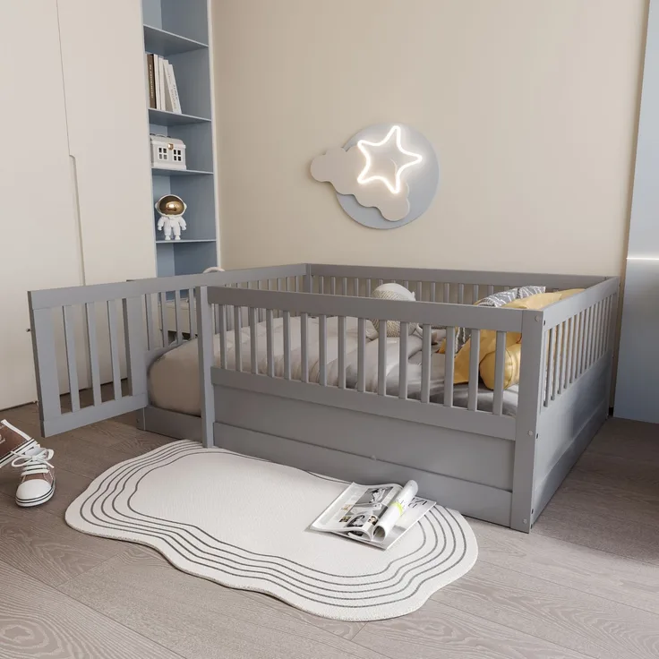 Kinder Bodenbett aus massivem Kiefernholz 140x200 cm mit Zaun & Tür,sicheres Spielbett,offenes Hausbett,Grau