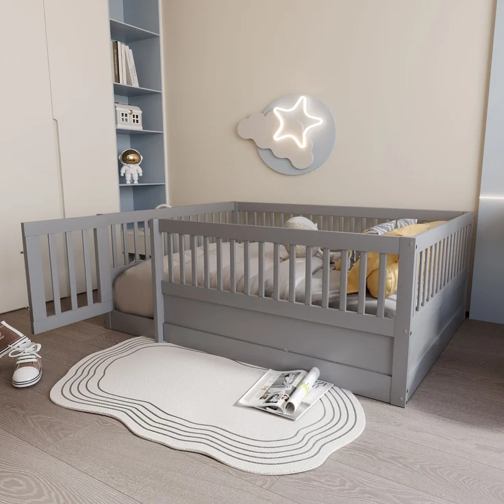 Kinder Bodenbett aus massivem Kiefernholz 140x200 cm mit Zaun & Tür,sicheres Spielbett,offenes Hausbett,Grau – Bild 1