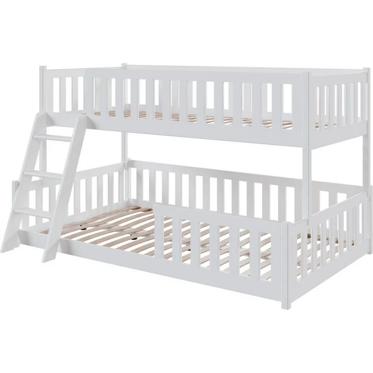 Kids Collective Etagenbett Hochbett Kinderbett 90x200/120x200 cm Rausfallschutz & Lattenrost, Mit zwei Matratzen und Leiter, massives Kiefernholz, Weiß – Bild 2