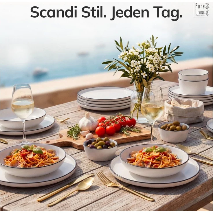PURE LIVING INTERIOR DESIGN Geschirr-Set Scandi Speisseteller, Dinnerteller, 6er-Set, 26 cm, Weiß/Schwarz (1-tlg), 6 Personen, Porzellan, Robust, kratzfest, spülmaschinenfest und mikrowellengeeignet – Bild 2