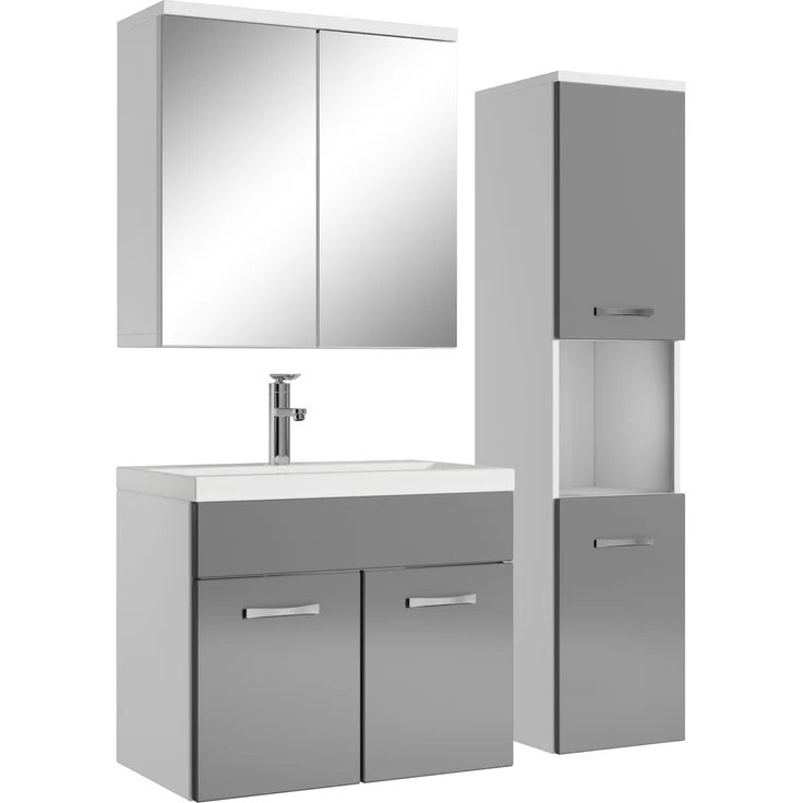 Badplaats Badmöbel Komplettset Montreal 60x35 cm Weiß mit Grau Hochglanz - Badezimmermöbel mit Waschbecken, Spiegelschrank und Badezimmerschrank – Bild 1