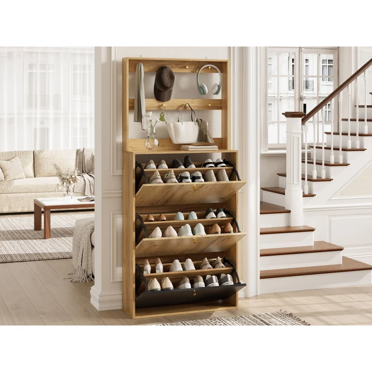 Moderner Schuhschrank mit Haken, 3 klappbaren Aufbewahrungsfächern, geeignet für den Flur, Naturholzoptik + Schwarz, Maße: B75/H180/T24 cm--Schwarz + Natur--75x24x180cm--YOUDENOVA – Bild 8