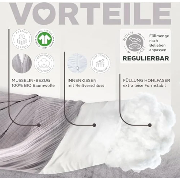 sei Design XXL Stillkissen 190x30 Öko-Tex | Ergonomisches Schwangerschaftskissen Lagerungkissen @extra leise Füllung. Bezug 100% Baumwolle – Bild 5