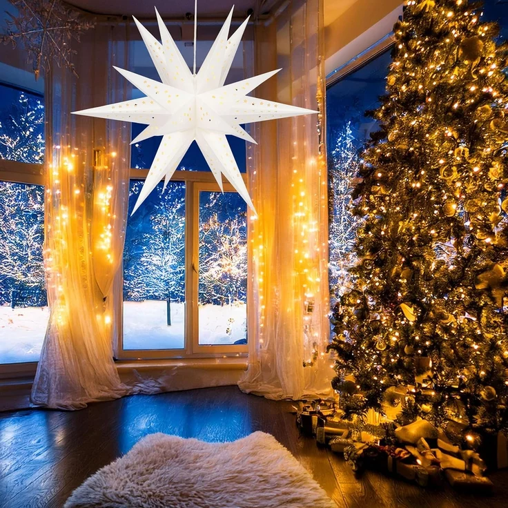 BRUBAKER LED Stern Weihnachtsstern für Innen - 60 cm XXL Leuchtstern - Hängend, Batteriebetrieben mit Timer, LED fest integriert, Warmweiß, Adventsstern für Fensterdeko Weihnachtsdeko - Papierstern Weihnachten – Bild 5