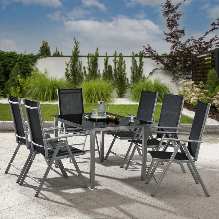 Juskys Aluminium Gartengarnitur Milano Gartenmöbel Set mit Tisch und 6 Stühlen Silber-Grau mit schwarzer Kunstfaser Alu Sitzgruppe Balkonmöbel – Bild 5