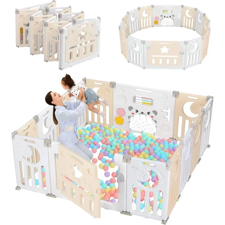 Dripex Faltbarer Laufstall Baby 150×150cm, Laufgitter Baby, Baby Playpen, Baby Laufstall mit Spielzeugboard, Laufstall in Anpassungsfähiger Form, Laufgitter aus Kunststoff, Gelb