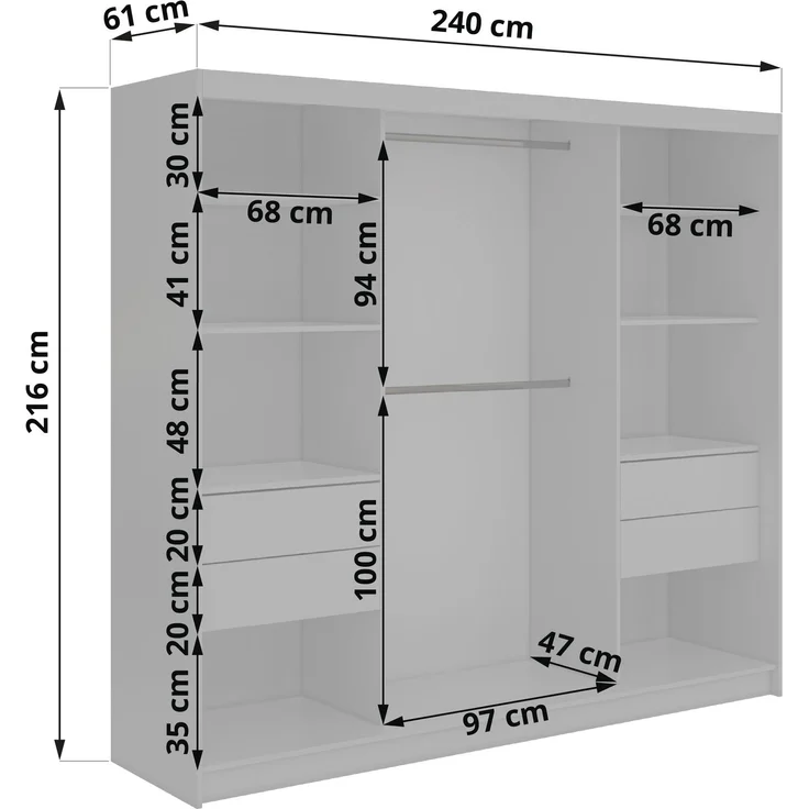 Schwebetürenschrank NAURU mit Lamellen-Optik, moderner Kleiderschrank, Breite 240 cm, inkl. Innenausstattung & Stauraum, Akustikpaneel-Design - Warmia-Nuss und Schwarz - mit Schubladen – Bild 5