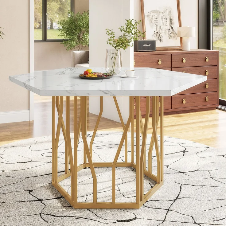 5-teilig Esstisch sechseckig 115.5×100 cm mit Marmormuster Tischplatte & goldenem Metallgestell mit 4 grauer Esszimmer stühle – Bild 2