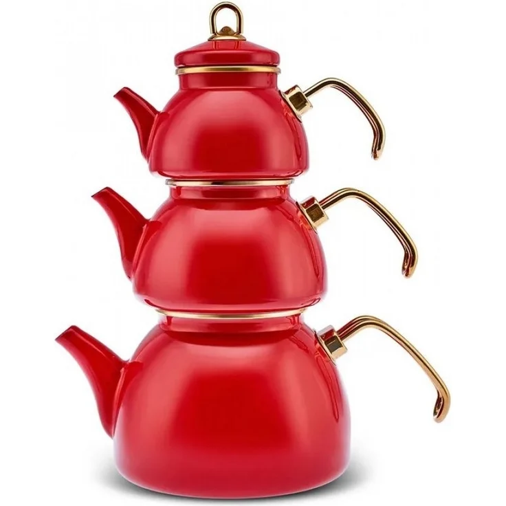Karaca Teekanne Karaca Retro Emaillierte Teekanne Turkische Teekocher 3 Teilig Rot – Bild 4