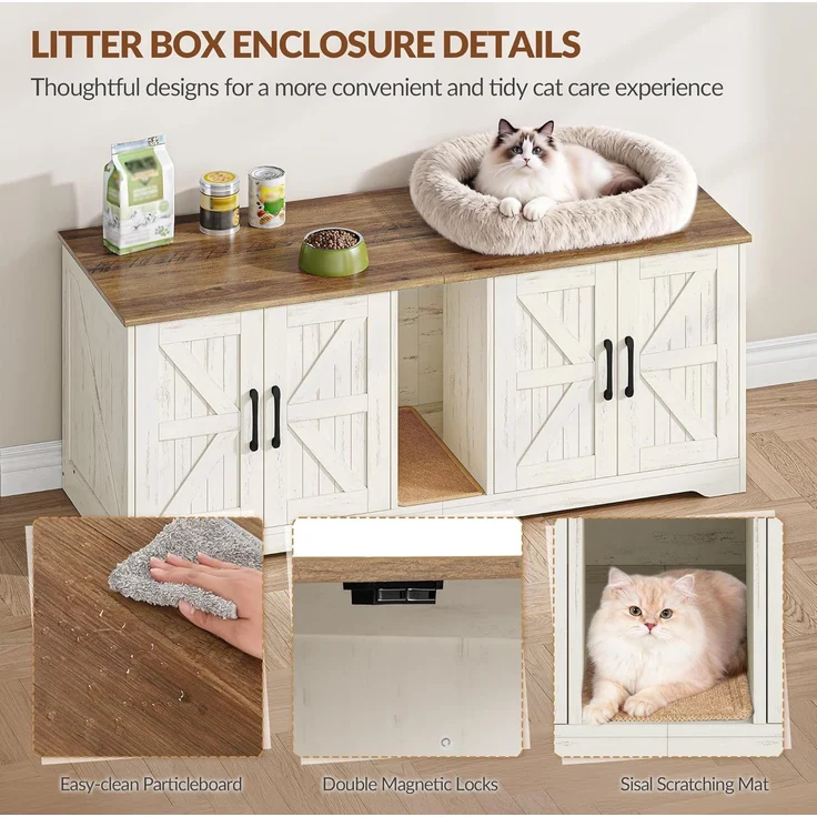 Katzenklo Schrank für 2 Katzen, Katzenklo Versteckt Schrank Möbel, Katzenhaus Holz Beistelltisch mit Kratzmatte, für Wohnzimmer und Schlafzimmer, 140 x 50 x 55 cm, Braun & Weiß – Bild 5