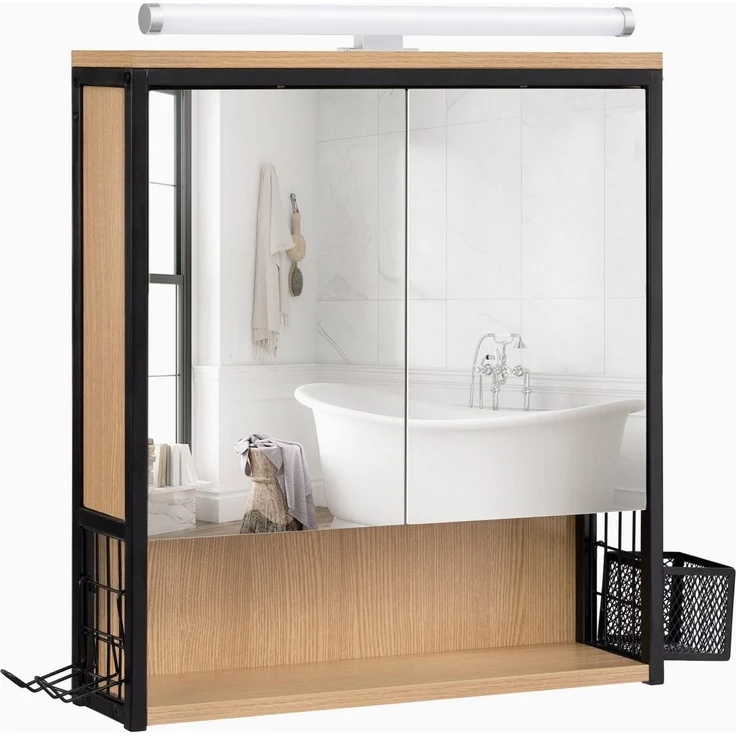 EUGAD Spiegelschrank Bad mit Beleuchtung, Badezimmerschrank mit Spiegel, Badschrank hängend, mit Verstellbarer Ablage Halter Korb, aus Metall MDF, Schwarz + Helle Eiche, 70Bx70Hx14,5T cm – Bild 1