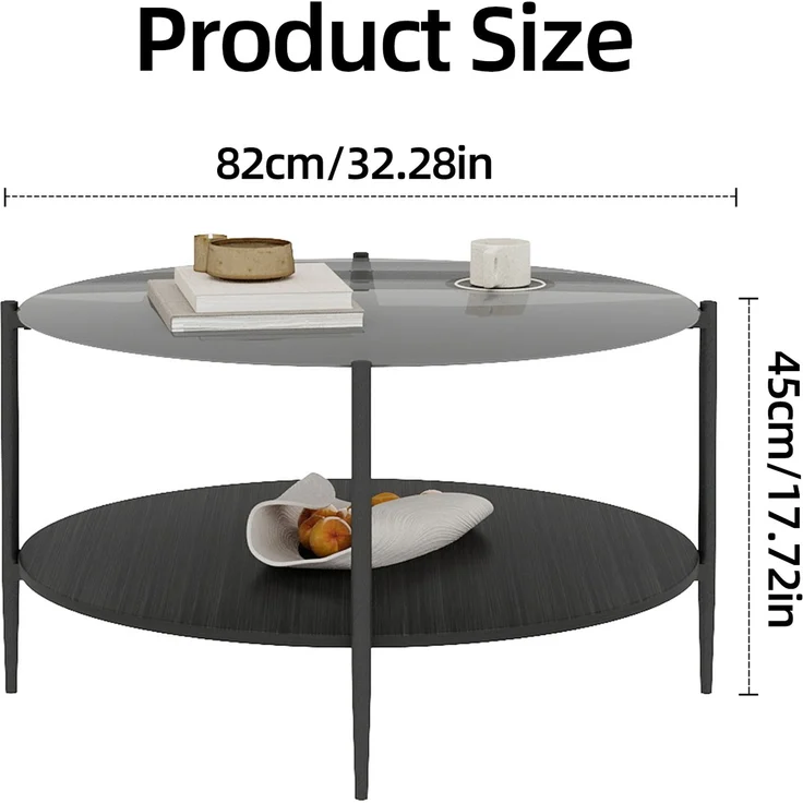 Couchtisch 82 x 82 x 45 cm, mit runder Tischplatte, mit Glastischplatte, aus Glas und Eisen und Holz, Schwarz – Bild 12