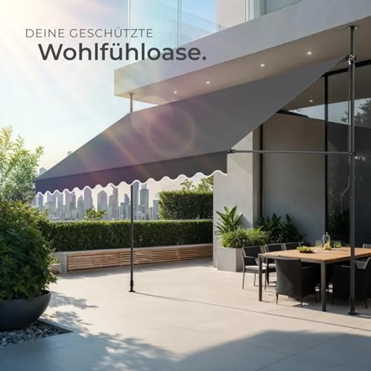tectake® Klemmmarkise mit Handkurbel, Balkon Markise ohne Bohren, Markise höhenverstellbar, UV-beständig, wasserabweisend, Terrassenüberdachung, Sonnenschutz Terrasse & Balkon, 350 cm - schwarz/grau – Bild 8