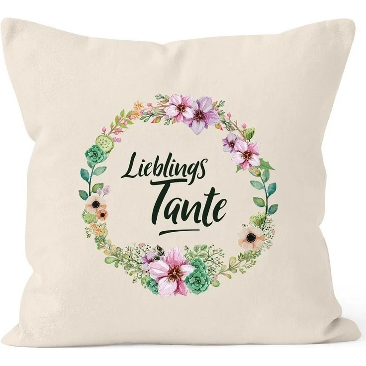 MoonWorks Dekokissen Kissenbezug Geschenk für Tante Lieblingstante Blumen Bordüre Blumenranke Blüten Baumwolle MoonWorks® – Bild 3