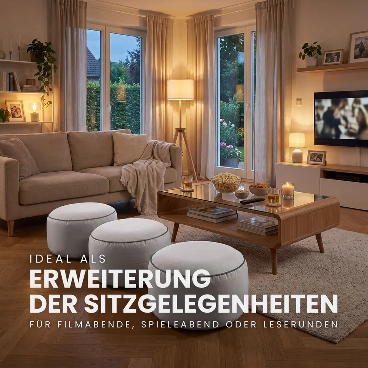 Sitzpouf - Indoor/Outdoor - Sitzkissen Ø54 cm x 26 cm - wasserabweisend ( Lotusblüteneffekt ) - Platzsparend / Innovativ - Innenkissen aufblasbar - Belastbar bis 100kg Hellgrau – Bild 3