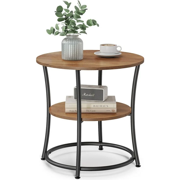 VASAGLE Beistelltisch, Couchtisch rund, Sofatisch, 2 Ablagen, Wohnzimmer, Schlafzimmer, einfacher Aufbau, Stahlrahmen, Industrie-Design, walnussbraun-tintenschwarz – Bild 1