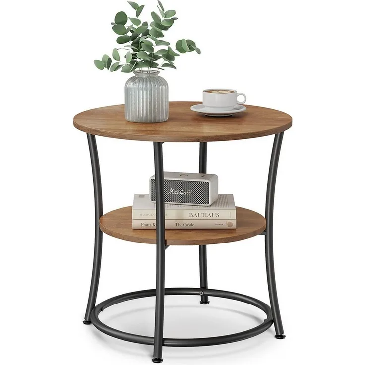 VASAGLE Beistelltisch, Couchtisch rund, Sofatisch, 2 Ablagen, Wohnzimmer, Schlafzimmer, einfacher Aufbau, Stahlrahmen, Industrie-Design, walnussbraun-tintenschwarz