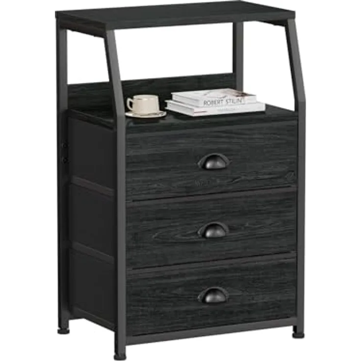 GarveeLife Kommode Schmal Kommodenschrank Mit 3 Schubladen Aus Stoff, Nachttisch Nachtschrank Sideboard Aufbewahrungskommode Mit 2-Tier Holz Regal Für Schlafzimmer, Flur, Wohnzimmer, 41 x 29 x 72Cm