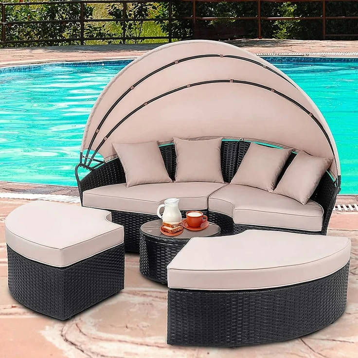 Sonneninsel 180CM Rattan Tisch Sonnenliege Polyrattan Gartenmuschel Sonnenliege – Bild 5