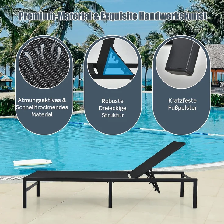 COSTWAY Sonnenliege mit 6-stufig verstellbarer Rückenlehne 150kg belastbar, Stahl/Stoff schwarz, 64 x 198 x 67-103 cm (L x B x H) – Bild 5