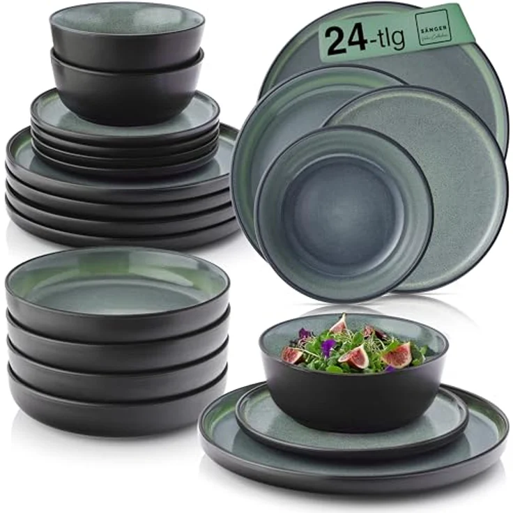 Sänger Malmö Tafelservice, 24-teilig, Steingut, kratzfest, rund, grün, inkl. 6x Speiseteller, 6x Dessertteller, 6x Schalen, 6x Pastaschalen – Bild 1