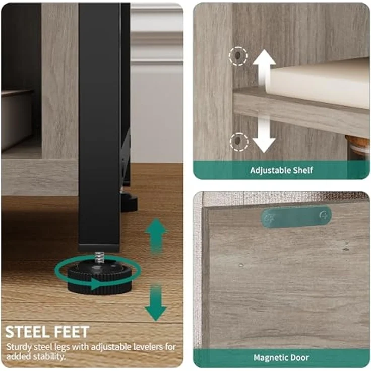 YITAHOME Beistelltisch, Nachttisch mit Kabinett, X-förmiger Couchtisch mit Ladestation, 2 USB-Anschlüssen und Steckdosen, Nachtkommode für Wohnzimmer, Metallrahmen, Schlafzimmer, Metallrahmen, Grau – Bild 6