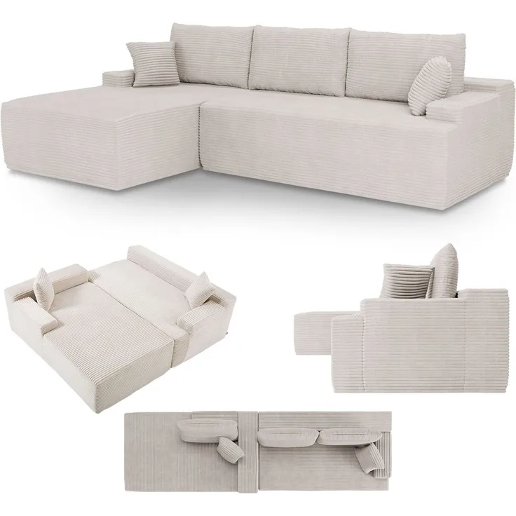 Juskys Sofa Coredo - modernes Cord Sofa mit Ottomane links, gemütliche Couch mit Schaumstoffpolsterung, Cordbezug & Kissen, modular - Beige